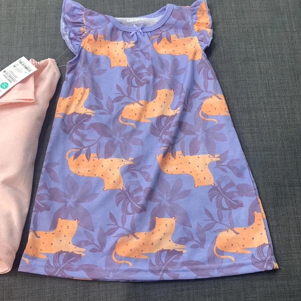 Carters NEW 3 Piece Shirt Shorts Dress Pink Purple 12 Mths Graphic “Fast Asleep”